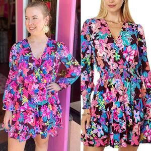 Lilly Pulitzer Pink Floral Ruffle Mini Dress Size 6 Long Sleeve